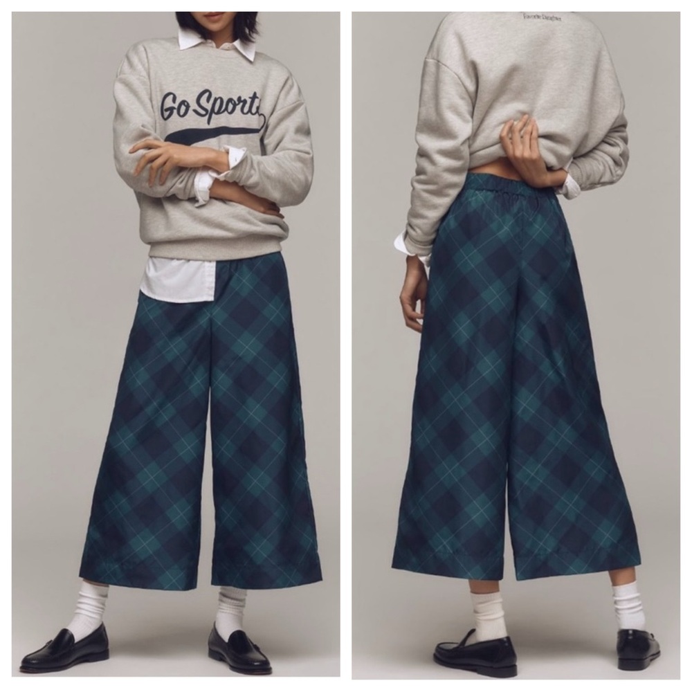 Anthropologie Maeve Tartan Plaid Taffeta Cropped Wide Leg Pants | SMALL NWT